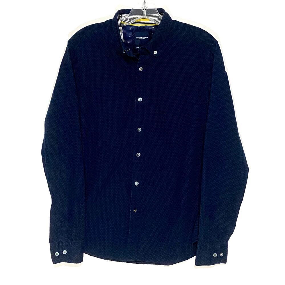 Denim & Flower Ricky Singh Polka Dots Blue Button Shirt Mens S Classic Preppy